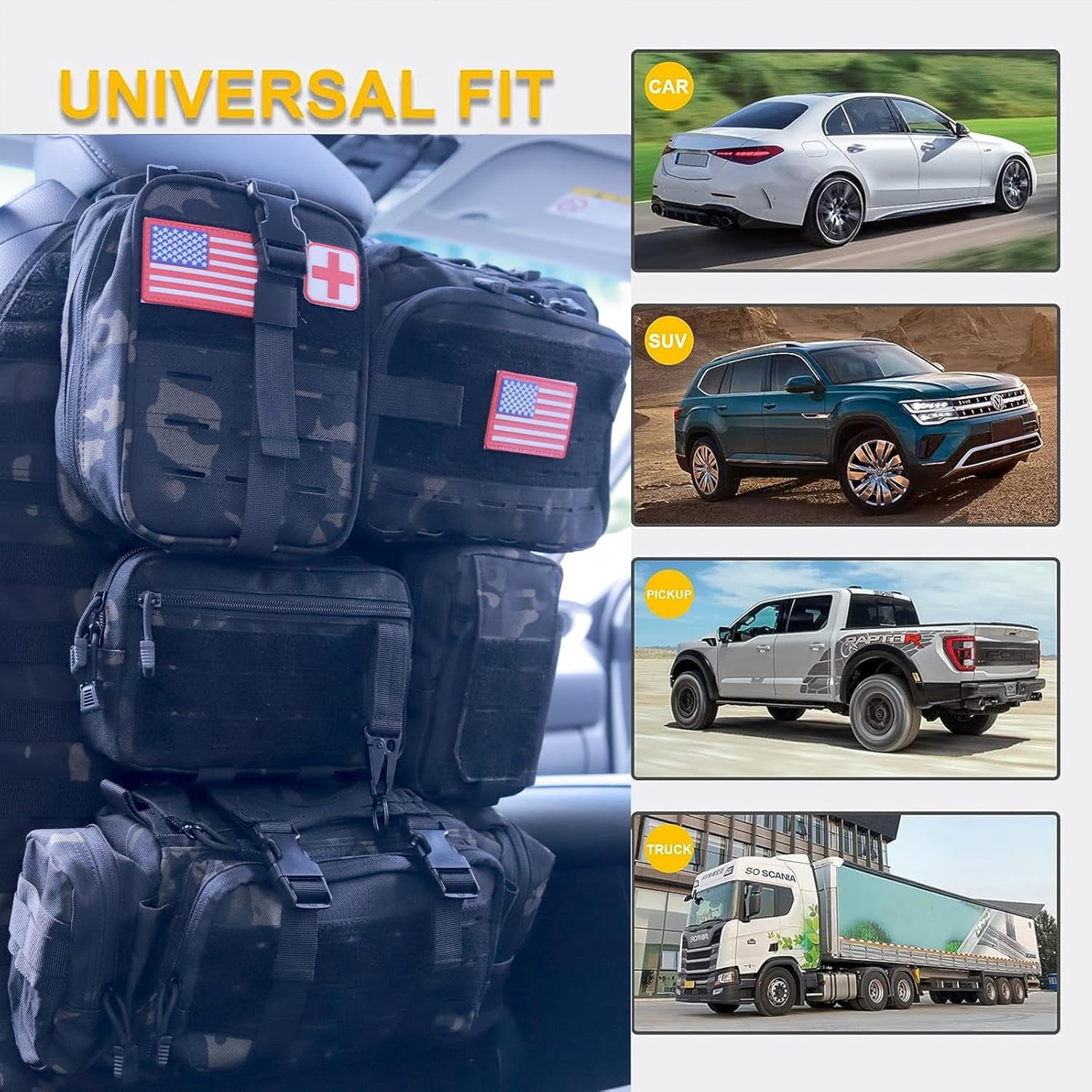 Universal Tactical Car Seat Back Organizer Bag Tactical Molle Vehicle Organizers Panel Vehicle Protector Organizers with 5 Detachable Pouches for Car Truck Ford Jeep (Upgraded D model Black camo)