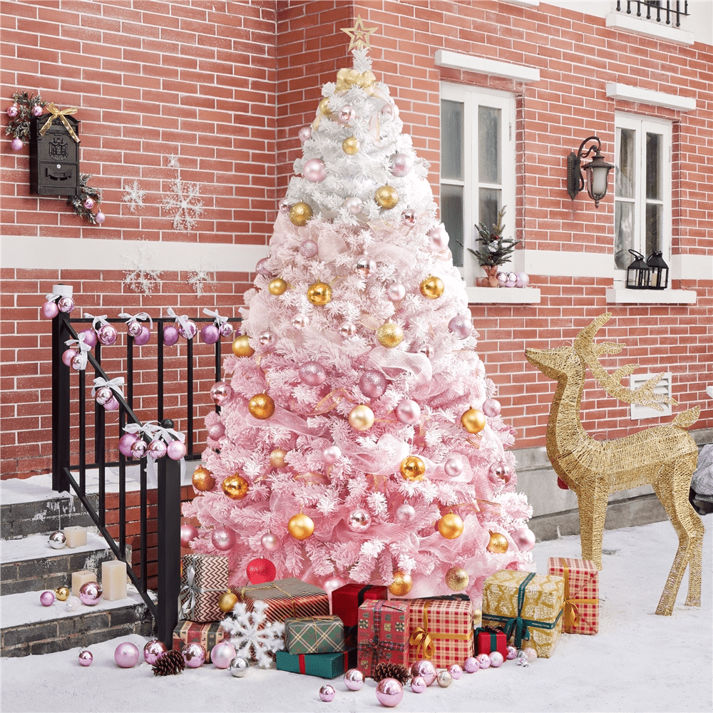 Alden Design 7.5Ft Flocked Artificial Christmas Tree with Foldable Stand, Pink Gradient