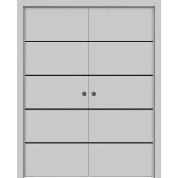 Sliding French Double Pocket Doors 36 x 80 inches | Planum 0015 Grey Matte with Frosted Glass | Kit Trims Rail Hardware | Solid Wood Interior Bedroom Sturdy Doors