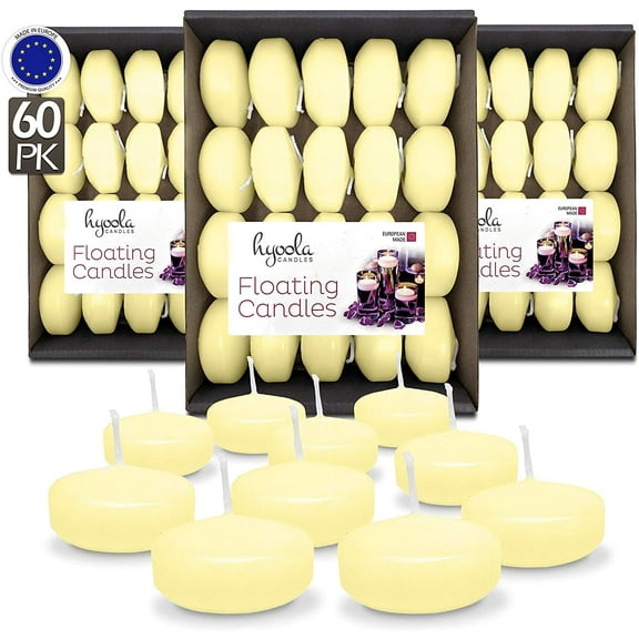 Hyoola 1.75 inch Round Unscented Ivory European Made Floating Candles, Paraffin Wax with Cotton Wicks, 60-Pack