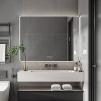 Tcbosik Bathroom Mirrored Cabinet with LED Lights and Defogging Function, Medicine Cabinet with Cosmetic Holder and Hair Dryer Holder, Wall Mounted Cabinet with Storage Shelves for Small Space, Grey