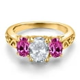 thumbnail image 3 of Gem Stone King 18K Yellow Gold Plated Silver White Topaz and Pink Created Sapphire Filigree Style 3 Stone Ring for Women (2.50 Cttw, Oval 8X6MM and 6X4MM) (Size 8), 3 of 6