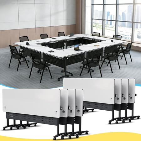 8 PACK Folding Conference Table Conference Room Tables with Wheels 63 IN Modular Seminar Table with Grommet Mobile Rolling Training Tables for Office Classroom