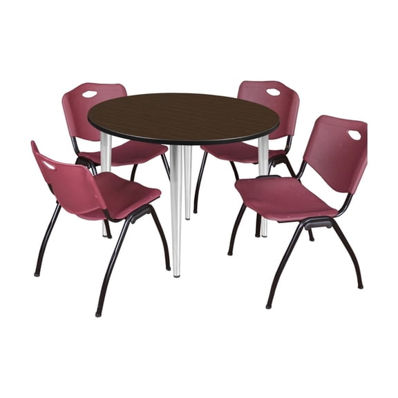 Regency Kahlo 48 in. Round Breakroom Table- Neo Walnut Top, Chrome Base & 4 M Stack Chairs- Burgundy