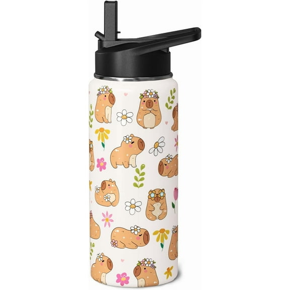 Capybara Water Bottle 18oz Cute Kawaii Thermoses Insulated Sports Bottles Cup with Handle and Flip Straw Capybara Gifts Stuff for Kids Girls Women
