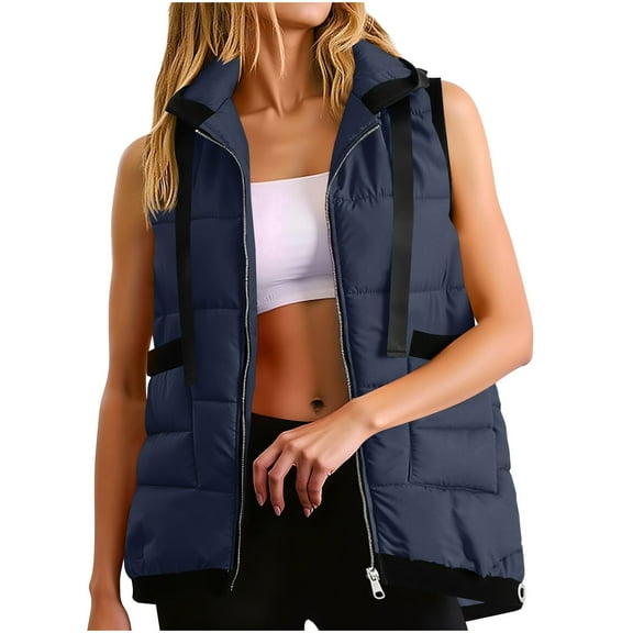 SuTry Women's Solid Color Hooded Vest Fall Winter Lightweight Thickened Sleeveless Front Zip with Pockets Casual Outerwear(Navy,S)
