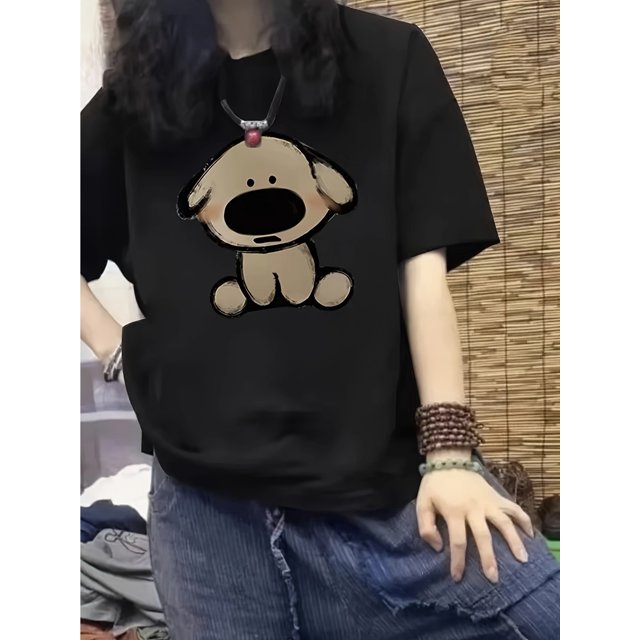 2025 Summer New Casual Versatile Cartoon Puppy Print Short Sleeve T-Shirt for Women, Pure Cotton