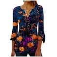 thumbnail image 2 of Fatuov 3/4 Flare Sleeve Tops for Women Button V-Neck Dressy Casual Blouses Pleated Boho Floral Graphic T-shirts Fall Fashion Trendy Clothes Multicolor L, 2 of 5
