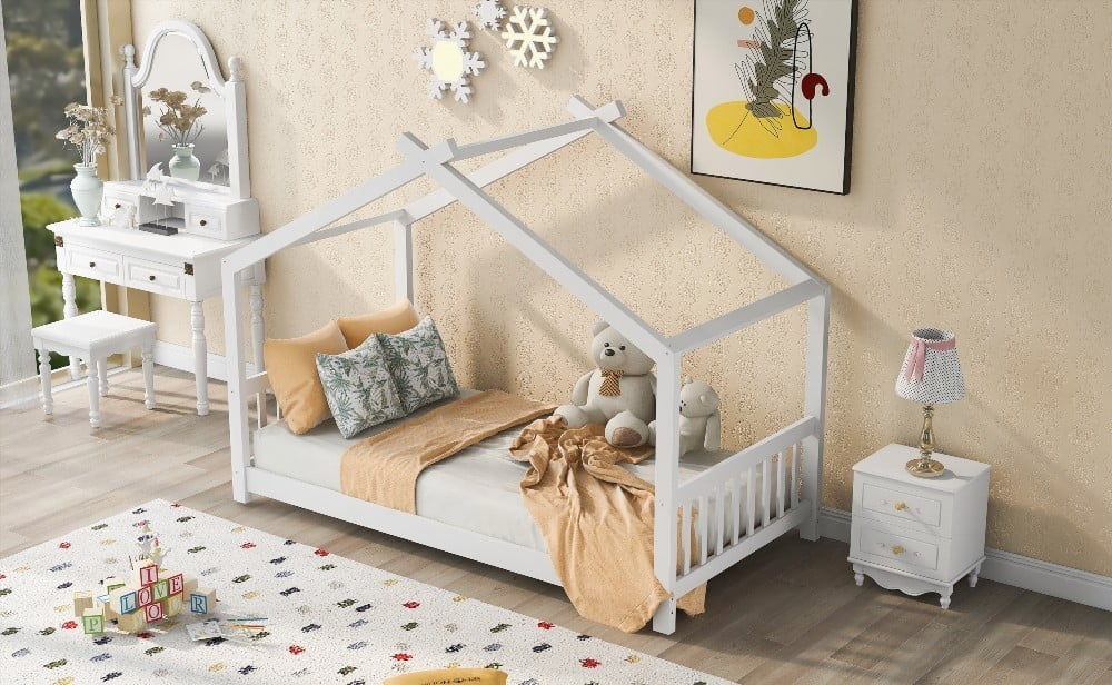 White Twin Size House Platform Bed - Easy Assembly & Durable Pine Wood