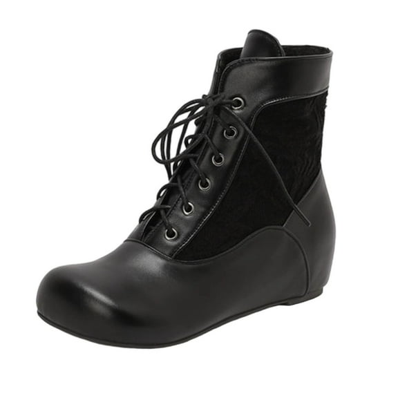 Black Ladies Lace Up Ankle Boots Round Toe Flat Sole Fashion Casual Versatile Winter Comfortable Wear Chunky Design