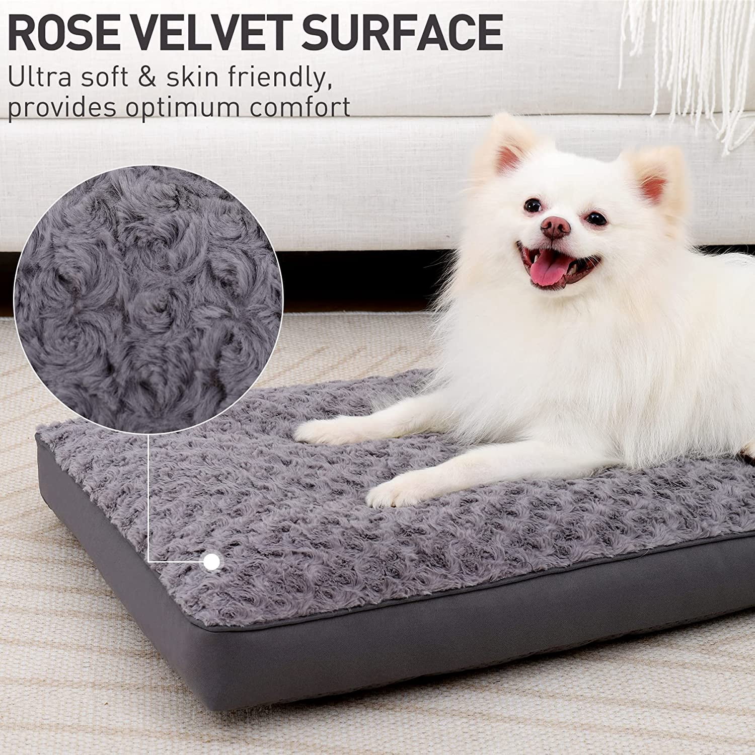 Dog Crate Bed Waterproof for Small Dogs - Rose Velvet Soft Fluffy Washable With Removable Cover & Anti-Slip Bottom, 23 x 17 Inch, Gray