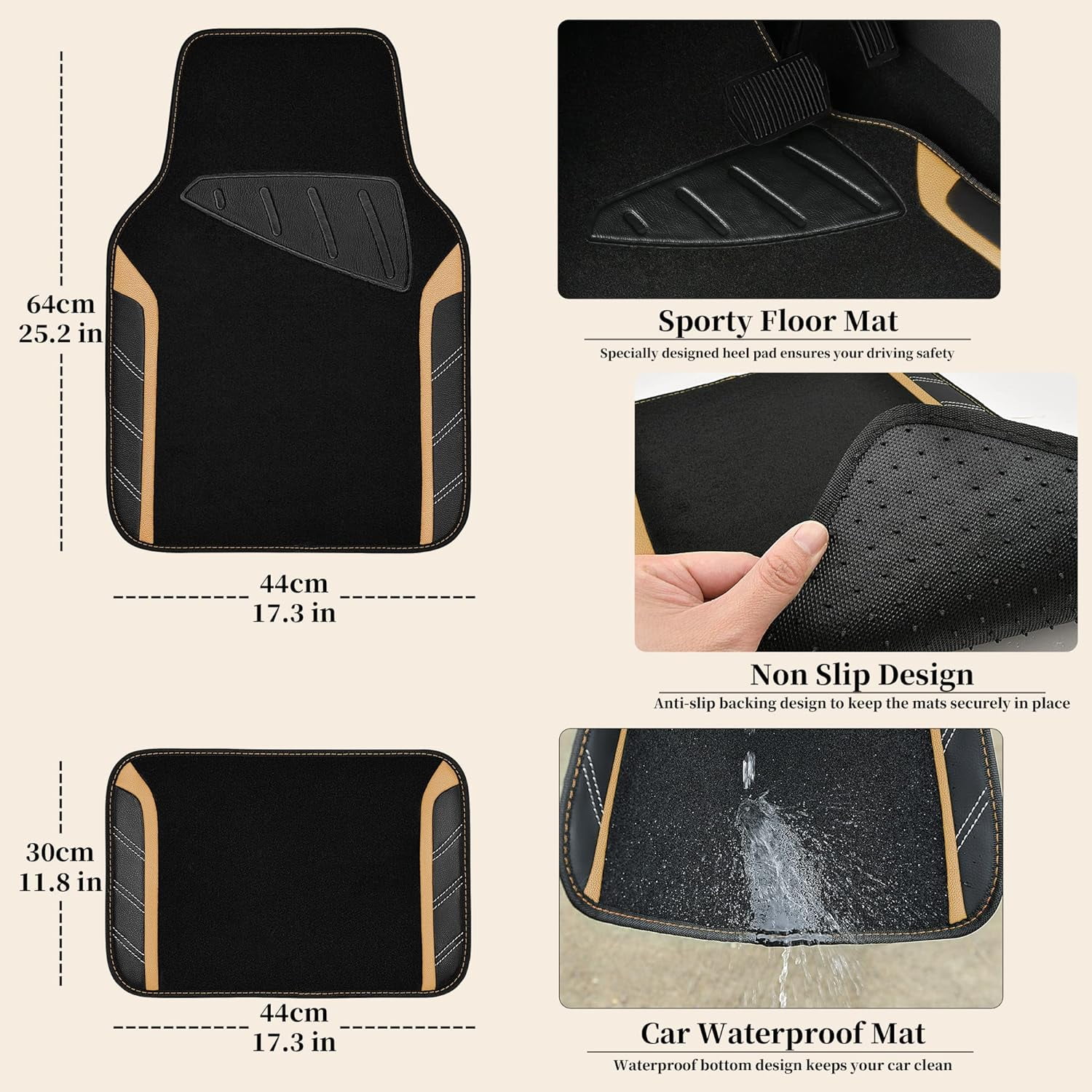 CAR GRAND Microfiber Steering Wheel Cover and Waterproof Car Floor Mats,Leather Universal Car Combo Fit for 95% Truck,SUV,Cars,14.5-15inch Sporty Anti-Slip Safety Comfortable Design(Black and Beige)