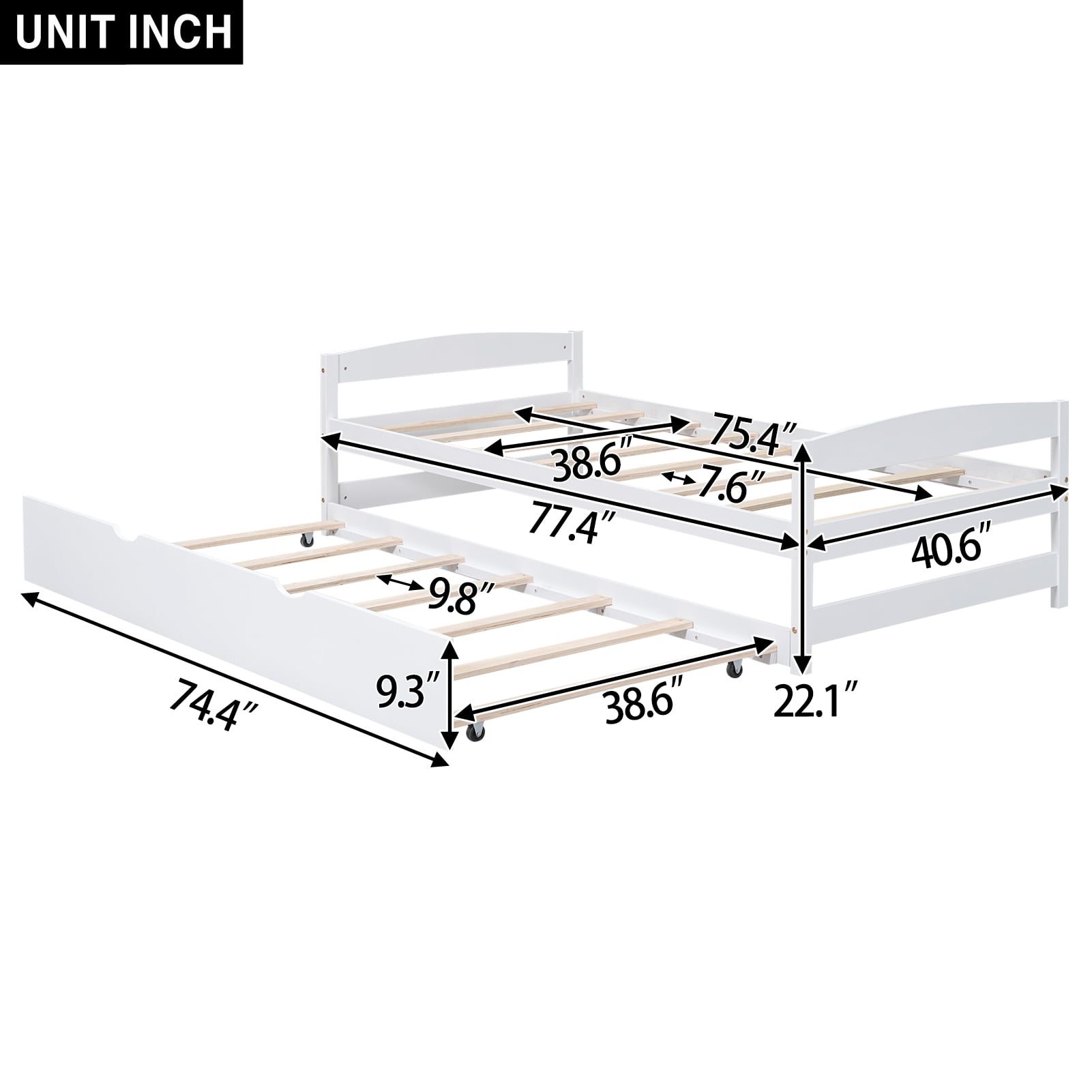 Euroco Twin Size Platform Bed with Trundle, Low Profile Easy Assembly Wood Daybed, White