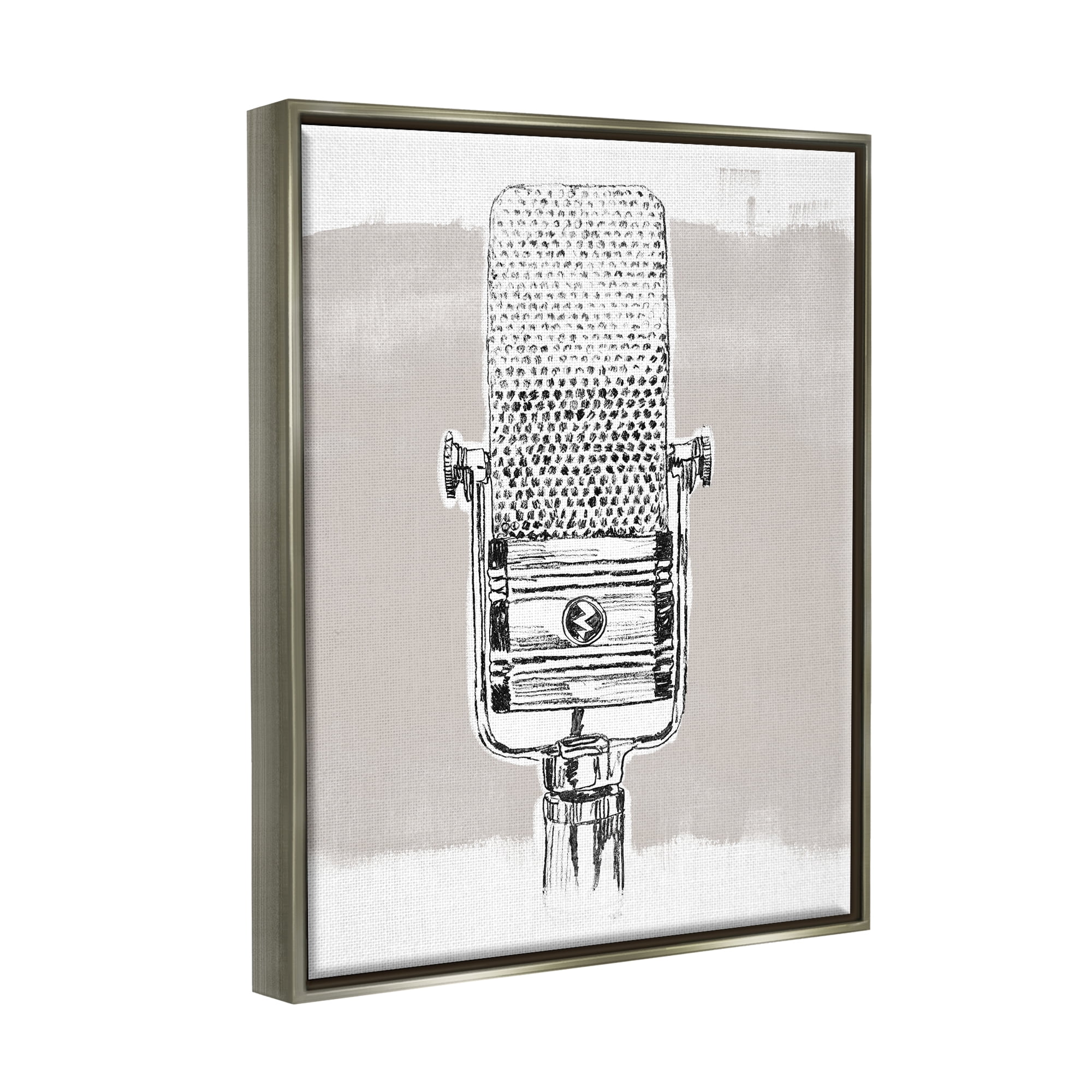Stupell Industries Vintage Microphone Music Drawing Novelty Painting Gray Floater Framed Art Print Wall Art