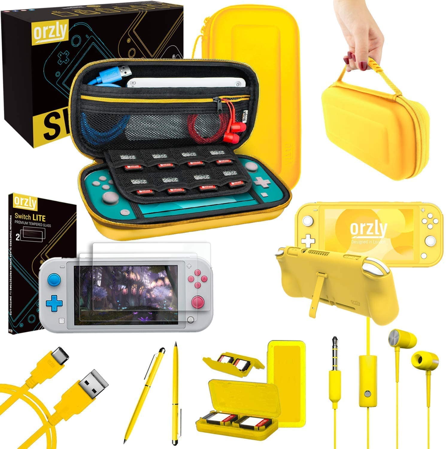 Orzly Switch Lite Accessories Bundle - Case & Screen Protector for Nintendo Switch Lite Console, USB Cable, Games Holder, Comfort Grip Case, Headphones, Thumb-Grip Pack & more (Orzly Gift Pack Yellow)