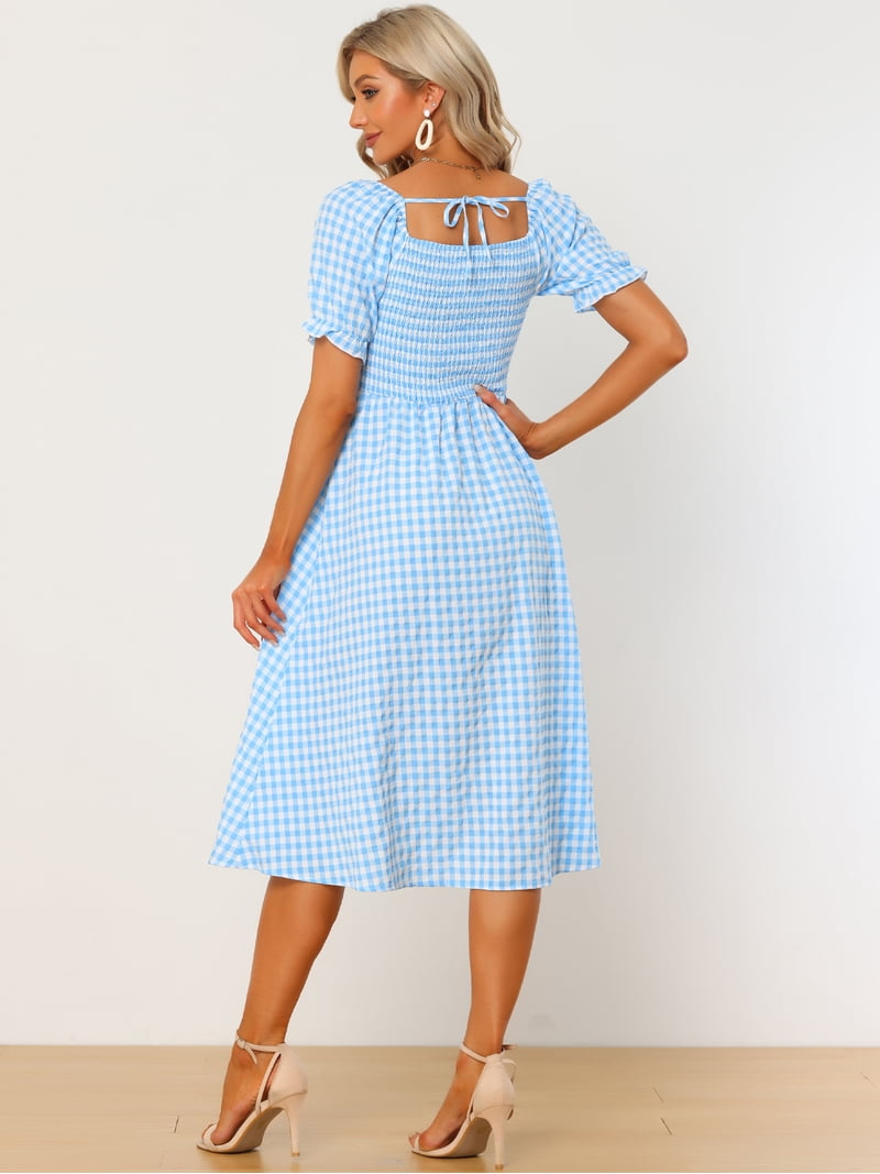 DARING DIVA Smocked Dress Puff Sleeve Square Neck Gingham Dresses XL Light  Blue - Walmart.com