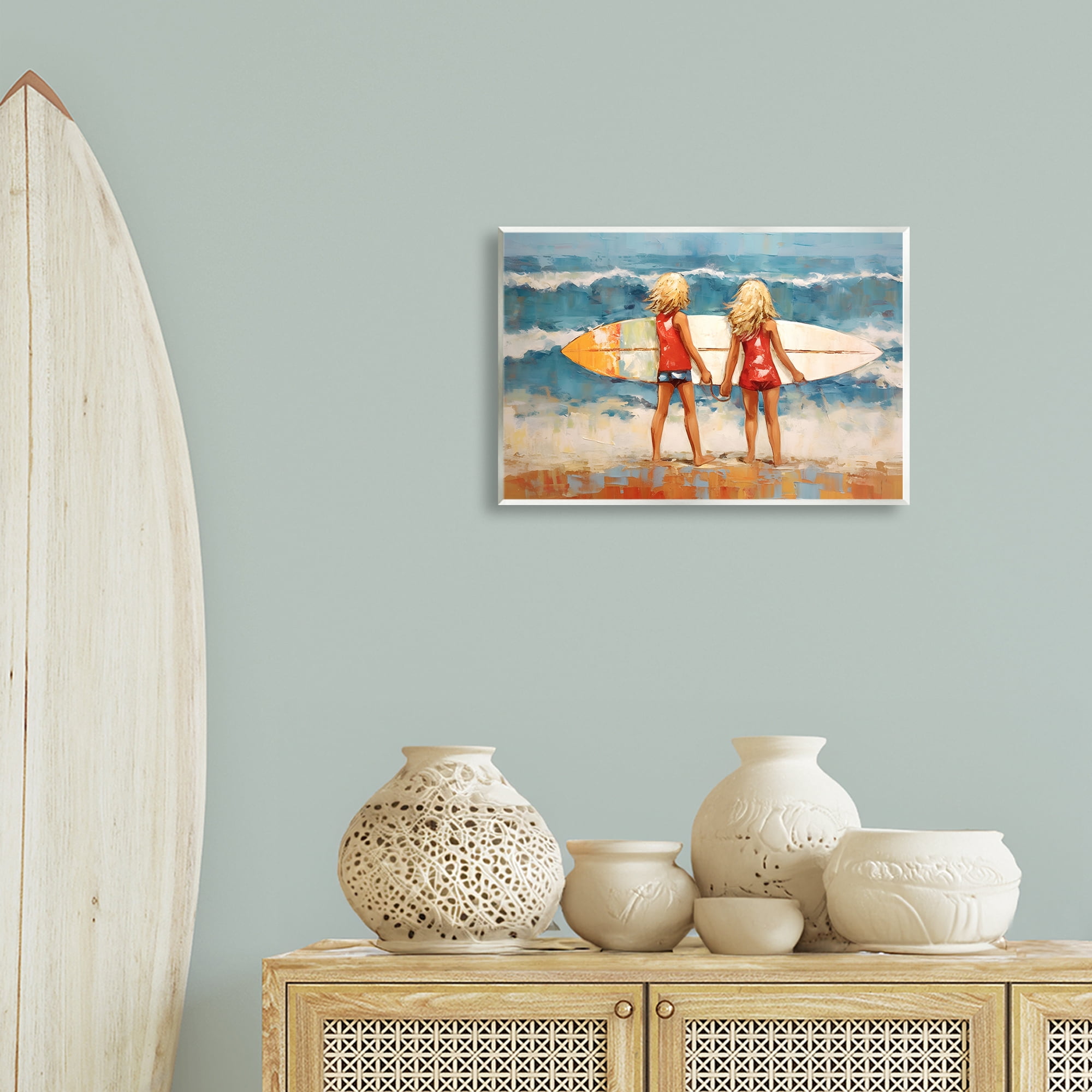 Stupell Industries Siblings with Surfboard People Painting Unframed Art Print Wall Art, 19 x 13