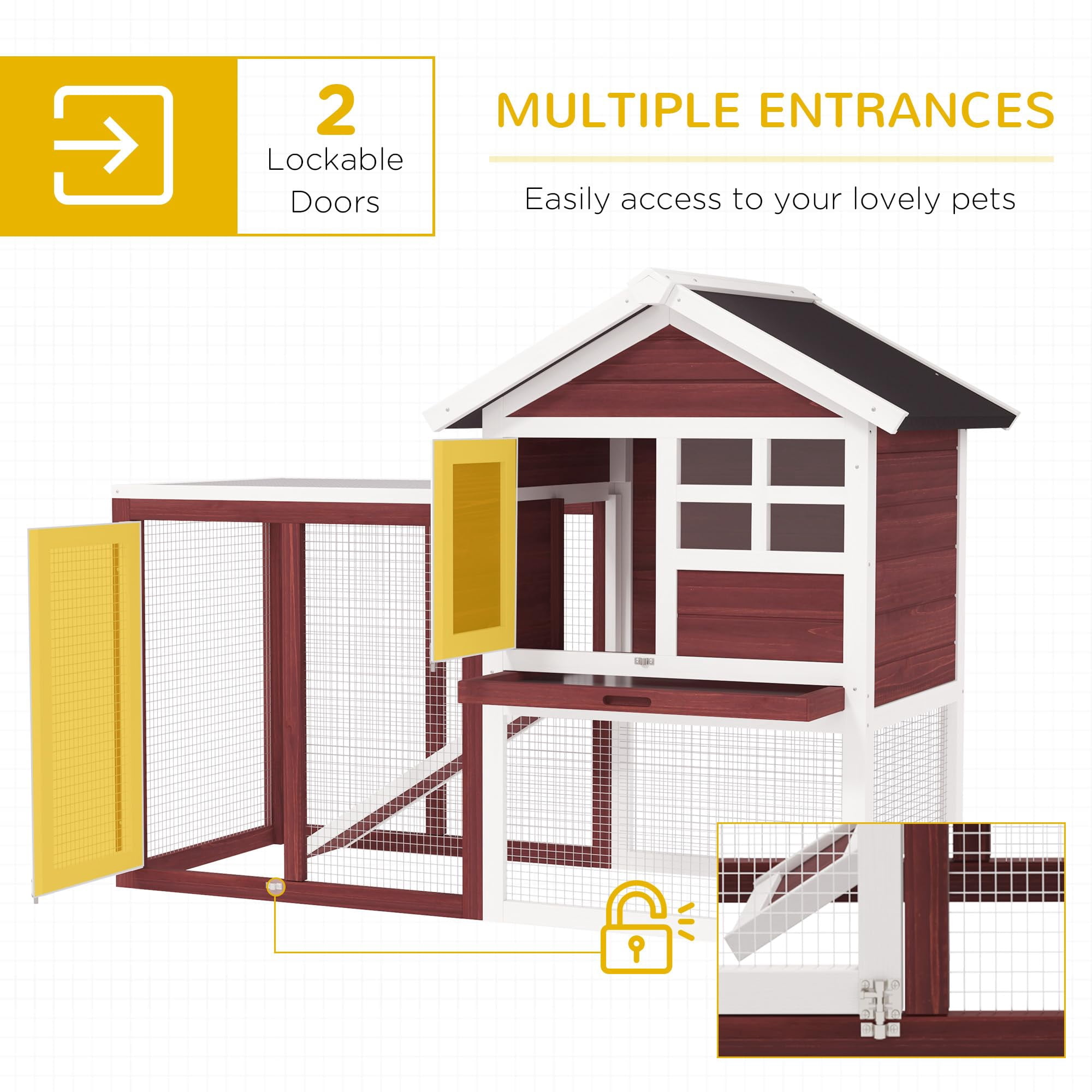 48 Inch Wooden Rabbit Hutch Bunny Cage with Waterproof Asphalt Roof, Outdoor Run for Rabbits, Removable Tray and Ramp, Easy Cleaning, Brown