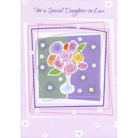 Designer Greetings Bouquet in Vase with Dotted Pink and Purple Frames Birthday Card for Daughter-in-Law