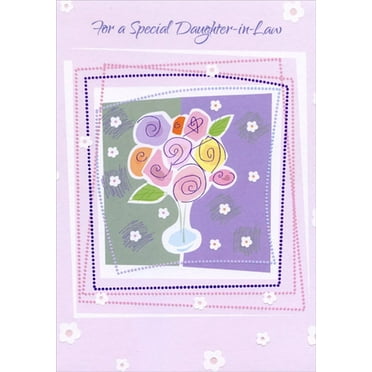 Designer Greetings Bouquet in Vase with Dotted Pink and Purple Frames Birthday Card for Daughter-in-Law