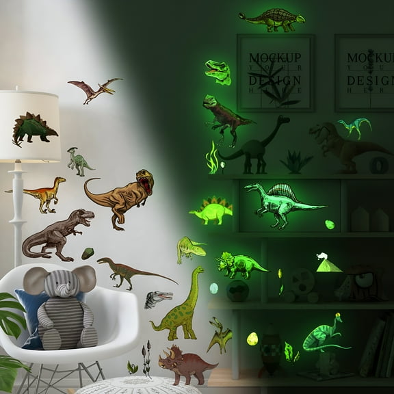 CCOCC 4 Sheets Dinosaur Wall Decals Glow in The Dark Stickers PVC Dinosaur Decor