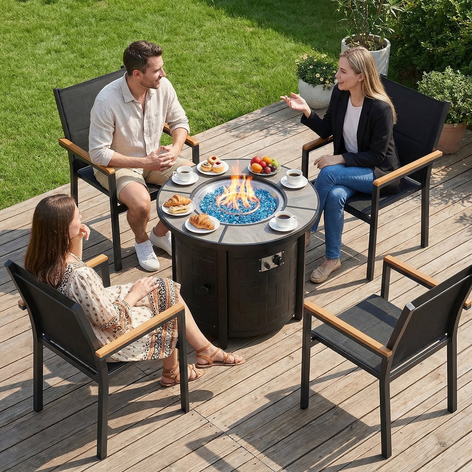 LIFERUN Propane Fire Pit Table 30in, with Waterproof Cover, Blue Stone and Lid, 50,000 BTU Auto-Ignition Round Gas, for Outside Patio, Gray