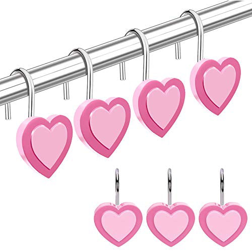 Jiumn 12 Pcs Pink Heart Shower Curtain, Heart Shower Curtain Hooks