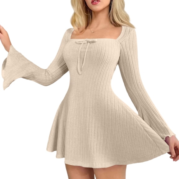 Stichou Women's Long Sleeve Ribbed Knit Short Dresses 2026 Spring Square Neck A-Line Casual Wedding Guest Winter Sweater Dress Khaki 2XL
