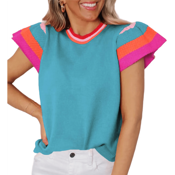 Suéter Ligero de Punto Holgado con Cuello Redondo Informal de Corta de Verano para Mujer. Azul Pavo Real L