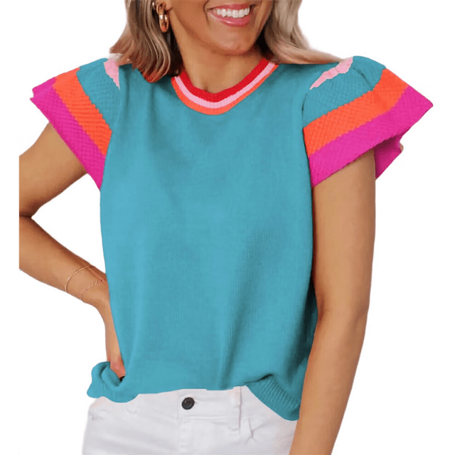 Suéter Ligero de Punto Holgado con Cuello Redondo Informal de Corta de Verano para Mujer. Azul Pavo Real L