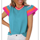 thumbnail image 1 of Suéter Ligero de Punto Holgado con Cuello Redondo Informal de Corta de Verano para Mujer. Azul Pavo Real L, 1 of 7