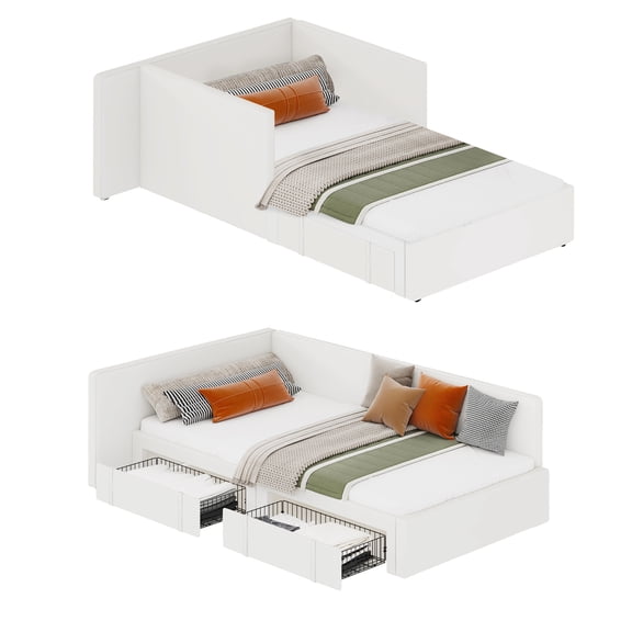 Twin Upholstered Daybed with Storage Drawers – Extended Headboard and Guard Rails – Modern Corner Sofa Bed for Bedroom or Living Room – Beige or Light Grey
