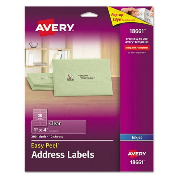Matte Clear Easy Peel Mailing Labels W/ Sure Feed Technology, Inkjet Printers, 1 X 4, Clear, 20/sheet, 10 Sheets/pack | Bundle of 2 Packs