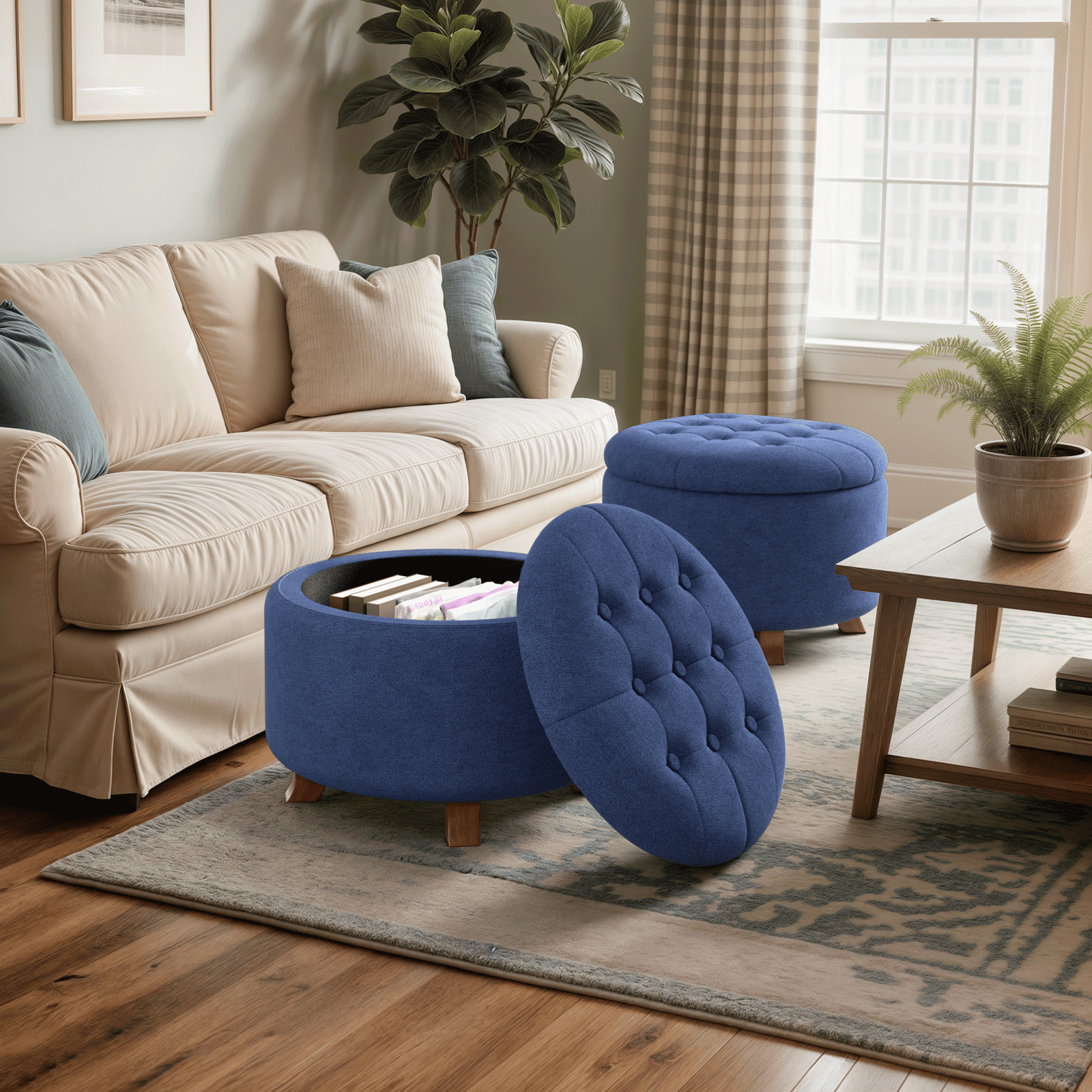 Magshion Storage Ottoman with Padded Seat, Modern Cotton-linen Footrest, Round Seat stool for Living Room Bedroom , Navy Blue