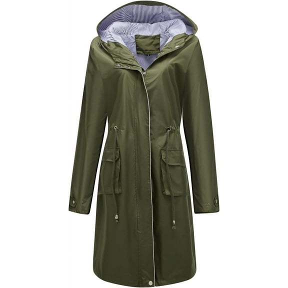 HLSOHJP Women's Hooded Rain Jacket Long Waterproof Raincoat Casual Full Zip Anorak Midi Windbreaker Pockets
