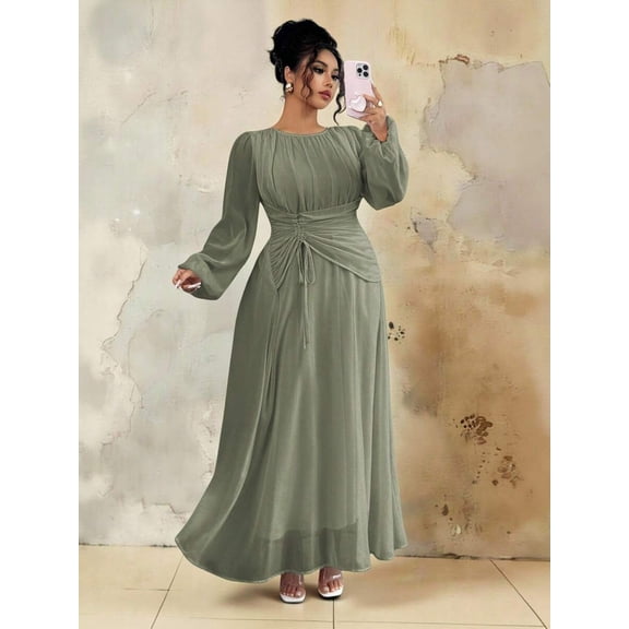 Womens Green Long Sleeve Modest Maxi Dress, Elegant A-Line Evening Gown