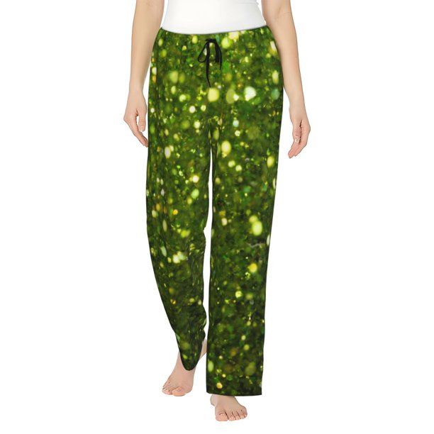 Balery Green Glitter Sparkle Pantalones de pijama para mujer, pijamas ultraligeros, pantalones de estar por casa-Small