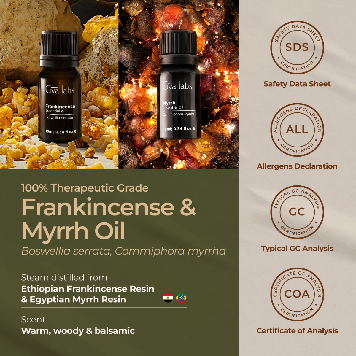 Gya Labs Frankincense and Myrrh Essential Oil for Diffuser & Aches - Therapeutic Grade Frankincense and Myrrh Essential Oils for Skin & Candle Making (10ml x 2)