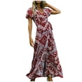 thumbnail image 1 of Robes Décontractées pour Femmes Bohème Imprimé Col en V Profond Fente Latérale Longue Robe Maxi Dames Plage Été Robes, 1 of 6