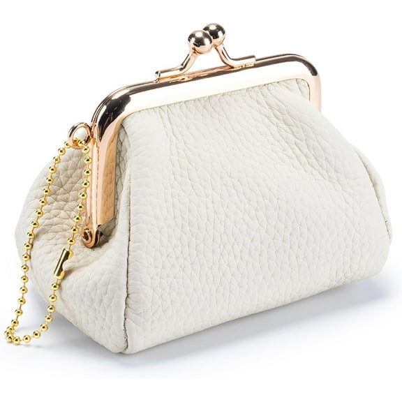 Genuine Leather Coin Purse for Women, Cute Mini Lipstick Holder Case, Small Vintage Kiss Lock Jewelry Storage Organizer Change Bag Pouch (Creamy White)