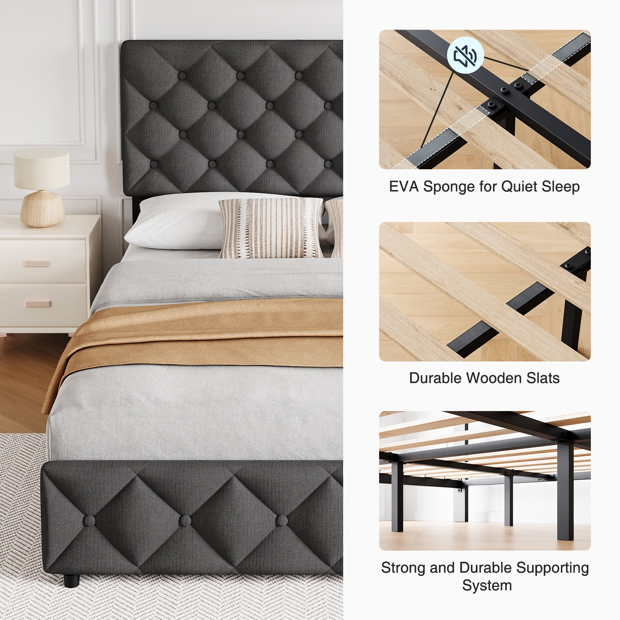 Queen Bed Frame with Headboard Adjustable, Linen Upholstered Size Platform Bed Frame with 4 Drawers, Modern Queen Bedframe, Wooden Slats Supports, No Box Spring Needed, Diamond Stitched Button, Beige