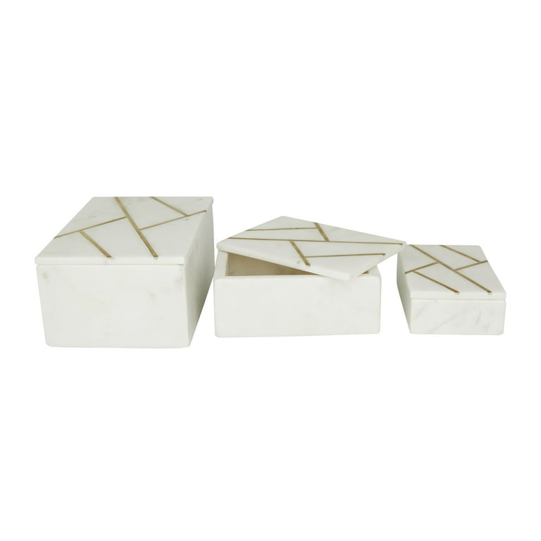 Decmode White Marble Decorative Box with Gold Linear Lines, 3 Count, Size: Small