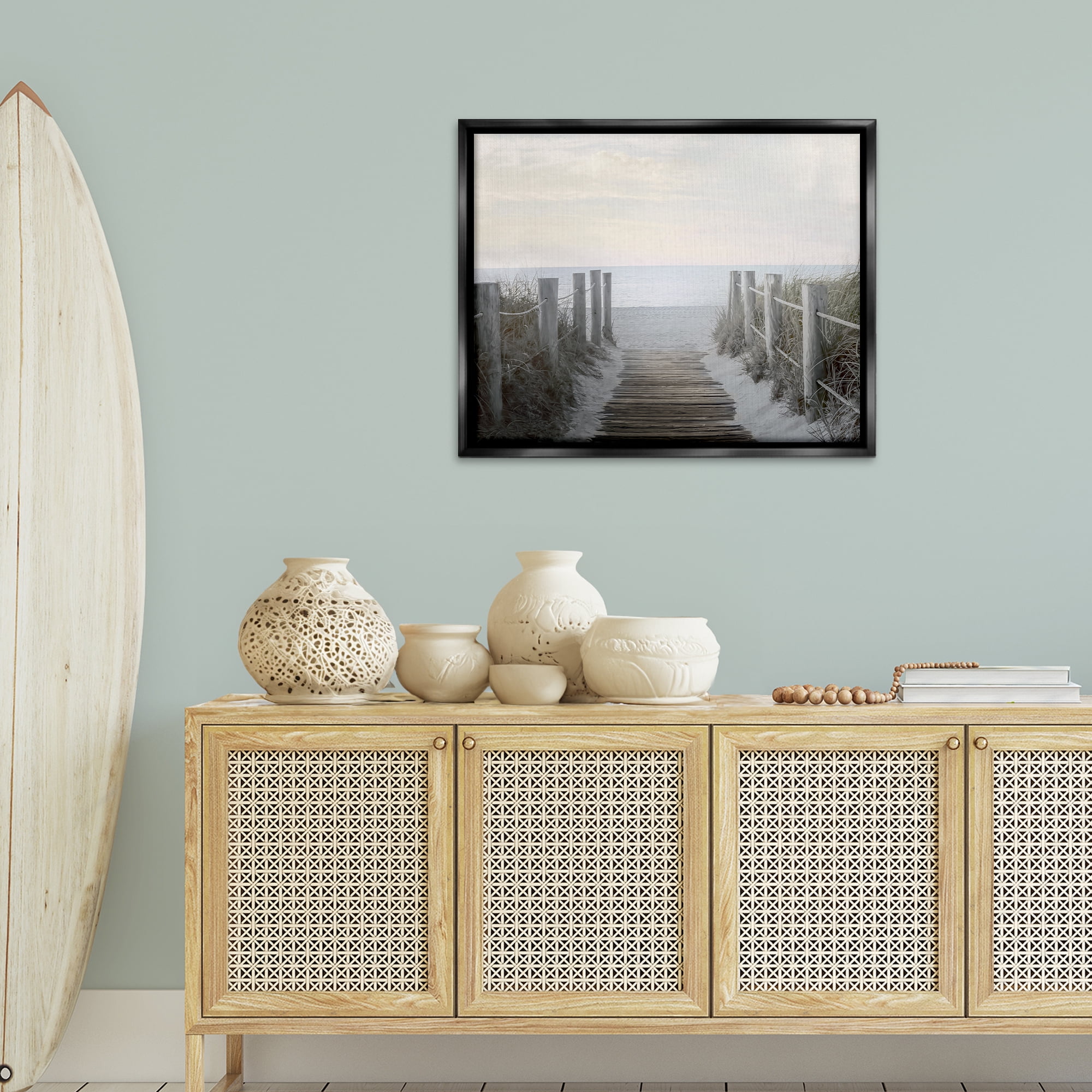 Stupell Industries Boardwalk Steps to Beach Landscape Photography Black Floater Framed Canvas Art Print Wall Art, 31 x 25