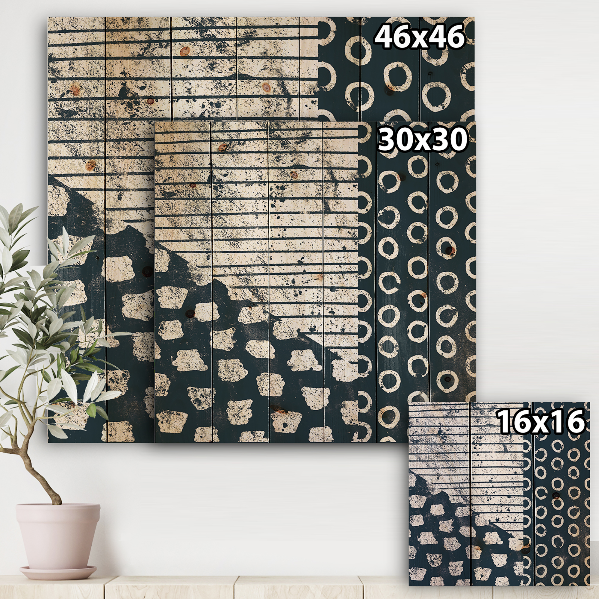 Designart 'Indigo Tile and Striples' Modern & Transitional Print on Natural Pine Wood