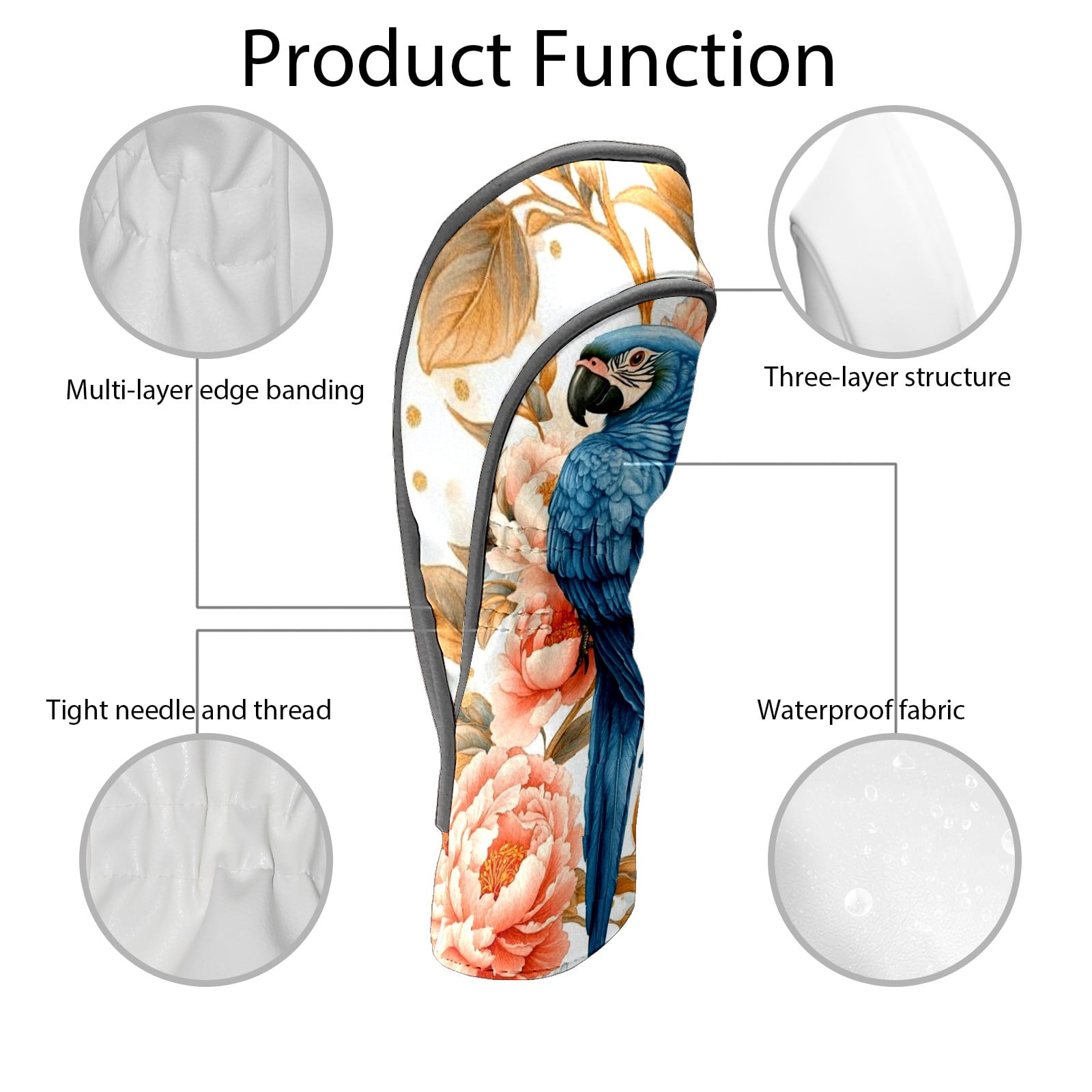 Golf Club Head Covers - Parrot & Peony Design, PU Leather, Waterproof, Fits Fairway Woods/Hybrid, Unisex, Fits Most Brands