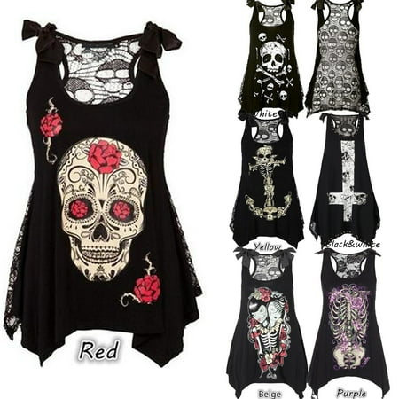 Lace Shift - Gamiss Women's Girls Irregular Tank Top Sleeveless Skull Print Loose Lace Patchwork Bandages Casual Sleeveless Tops S-5XL