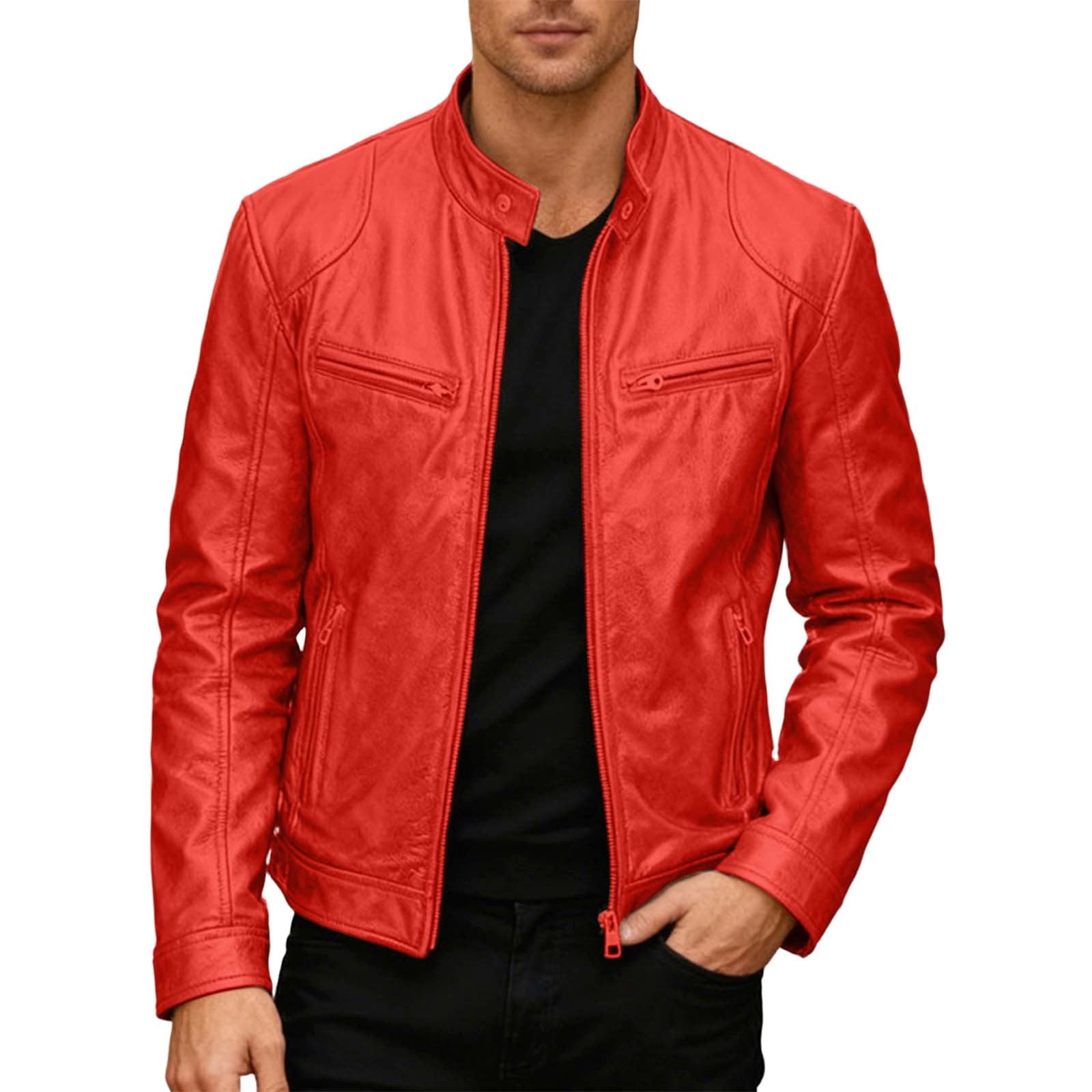 Wuxian Men Punk Leather Jacket Stand Collar Full Zip Up Business Oversized Long Sleeve Casual Cozy Windproof Stylish Dailywear,Red,L