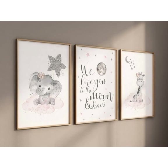 UNFFRAMED Elephant Giraffe Nursery Wall Decor, Pink Gray Silver Nursery, Baby Girl Nursery Decor, We Love You To The Moon And Back, Pink Silver #412 Set 3 Prints 8x12