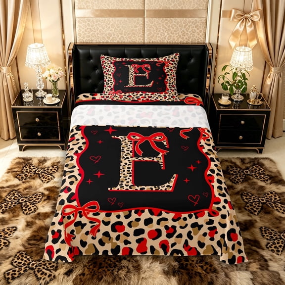 Manfei Cheetah Print Letter Monogrammed E Twin Sheet Sets 3pcs for Women Girls,Teens Adults Shabby Chic Red Ribbon Bow Bedding,Breathable Home Decor