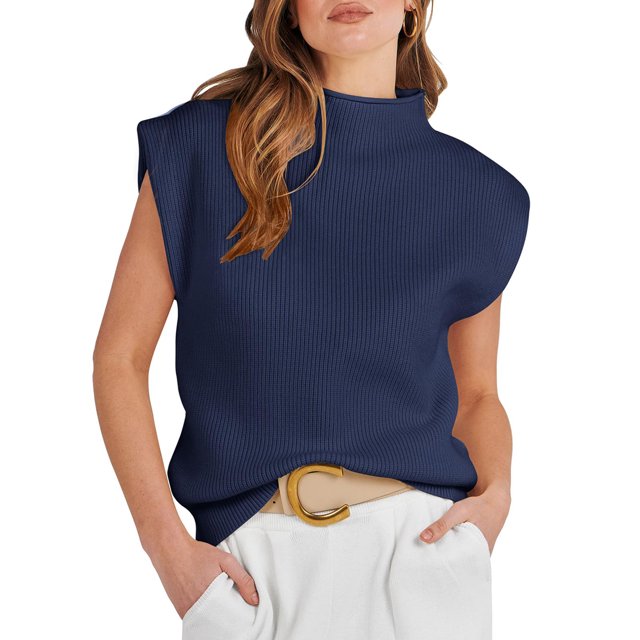 Fortune Women Sweater Vest Sleeveless Mock Neck Knit Tops Solid Color Loose Crop Top